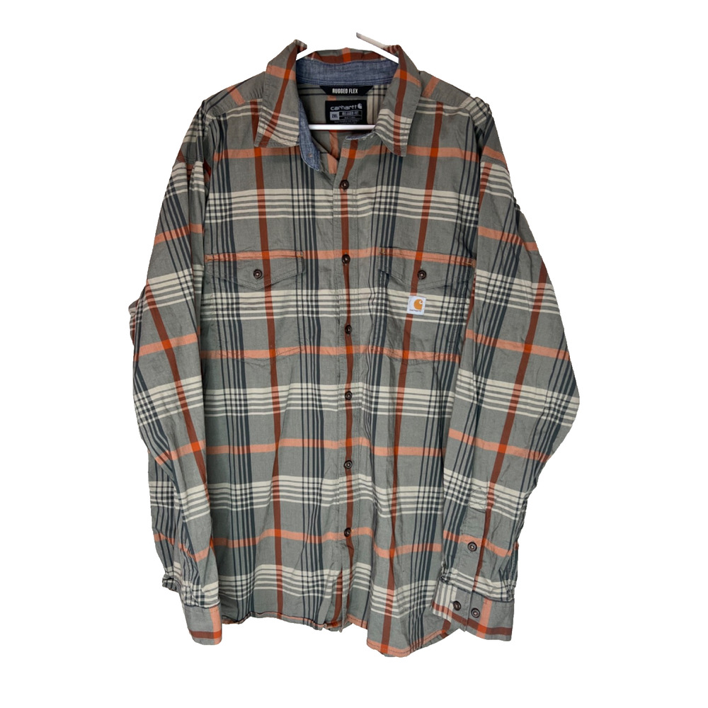 Carhartt Rugged Flex Relaxed Fit Button Down Green Plaid Shirt Mens 2XL Pockets